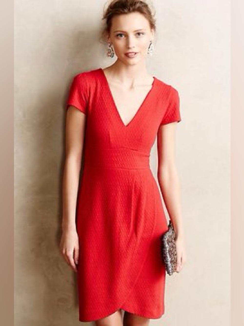 Anthropologie Maeve Red V-Neck Short Sleeve Tulip Wrap Skirt Midi Sheath Dress S